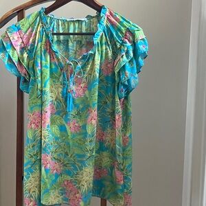 Rose & Olive Vibrant Floral Blouse with Ruffle Sleeves
